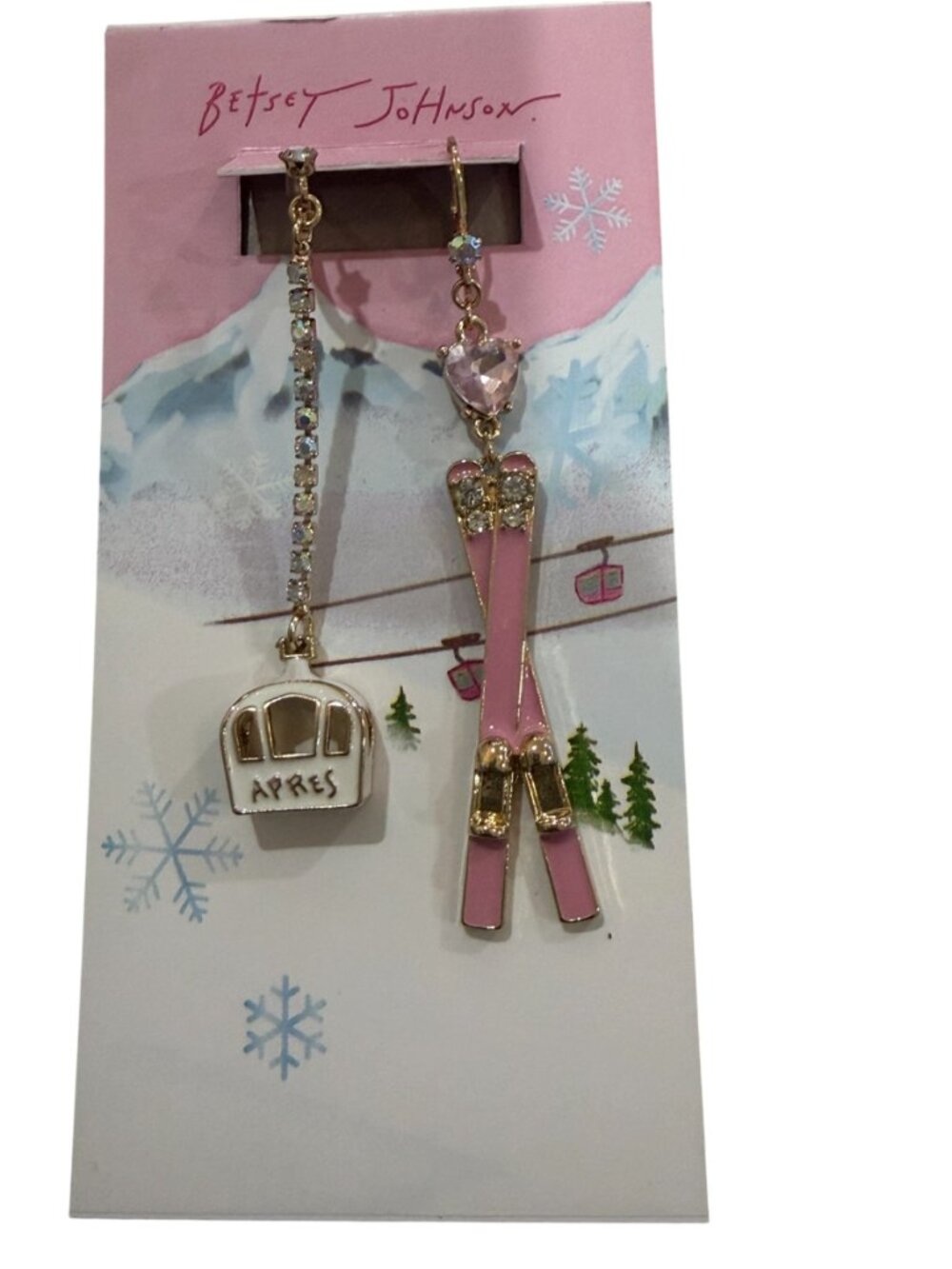 Betsey Johnson Apres Ski Mismatch Dangle Drop Earrings Gondola Skis Crystals